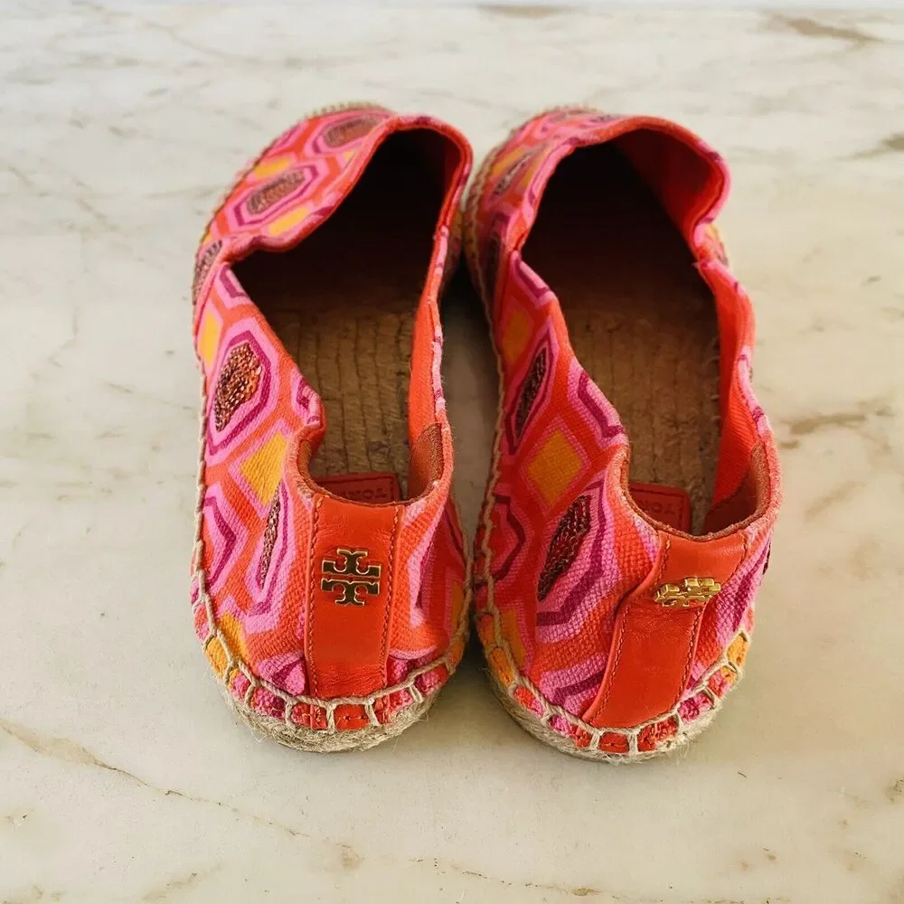 TORY BURCH Vivid Orange Octagon Sq Cecily Embellished Espadrille Flats - US 7